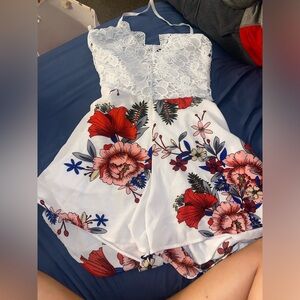 Shein White Floral Size Medium Tie in the back Romper
